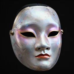 highly detailed digital art rendering of a beautiful futuristic iridescent geisha mask with glowing eyes. black background. gritty textures. unreal engine, redshift, blender. beautiful lighting. trending on artstation, behance.