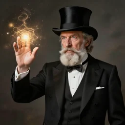 old man with a shenandoah beard in a tuxedo and top hat casting a magic spell