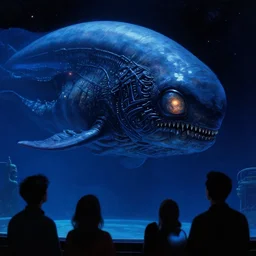 close - up view of human silhouettes watching a giant dark sci - fi alien sea creature with big glowing eyes in a giant futuristic fish tank aquarium, deep blue colors, highly detailed science fiction painting by syd mead, roger dean, and moebius. rich colors, high contrast, cosmic black background. unreal engine, artstation.