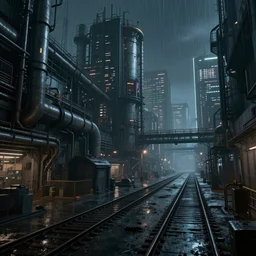 cyberpunk industrial site. cyberpunk factories. cyberpunk city backdrop. night time. blade runner. rain. rail tracks. cyberpunk industrial area. digital render. digital painting. beeple. noah bradley. cyril roland. ross tran. trending on artstation