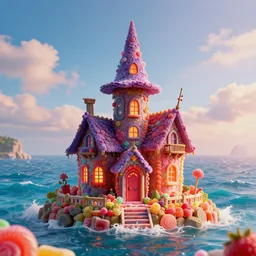 a witches house made out of candy on the ocean, epic scene, fantasy, redshift render, cgi, hyper - detailed, photo - bash, 8 k post - production, masterpiece