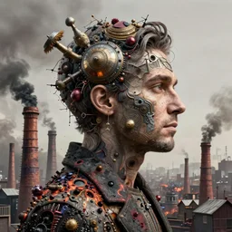 a profile portrait of a man made of chimneys and toxic oil spills and pollution, character portrait, facing right!!!, ultra realistic, wide angle, intricate details, the fifth element artifacts, highly detailed by peter mohrbacher, hajime sorayama, wayne barlowe, boris vallejo, aaron horkey, gaston bussiere, craig mullins