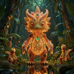 tropical fruit creature in a lush trunda vegetation, water reflection, night, backlit, warm tones, bioluminescent : by michal karcz, daniel merriam, victo ngai and guillermo del toro : ornate, dynamic, particulate, intricate, elegant, highly detailed, centered, artstation, smooth, sharp focus, octane render