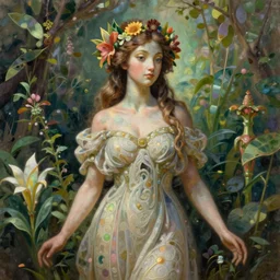 hyperdetailed oil portrait of a anthropomorphic garden goddess. by greg rutkowski, highly detailed, digital painting, artstation, smooth, sharp focus illustration, artstation hq. intricate, elegant. art by wlop and artgerm and greg rutkowski, alphonse mucha, medium shot. dan mumford, tomokazu matsuyama, takato yamamoto