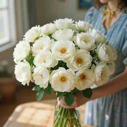atmospheric beautiful bouquet of white delicate pionoid rose in the sunny room of his beloved wife, wrote van gogh