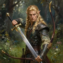 a beautiful portrait of an epic fantasy style mystical forest elf man with long blond hair holding a epic elven sword in his hand, with a bow strapped across his chest in the midst of a grassy meadow, oil painting, Greg Rutkowski, Charlie Bowater, swordsman, unreal 5, DAZ, hyperrealistic, octane render, RPG portrait, dynamic lighting, fantasy art, beautiful face