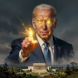 caricature of Joe Biden with glowing yellow eyes shooting a ki blast from his fingertip