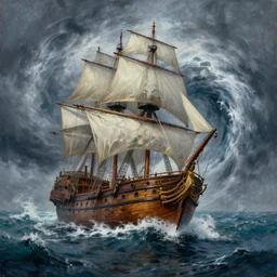 sea storm, vortex, epic painting, wooden ship, highly detailed, hd, deep colors