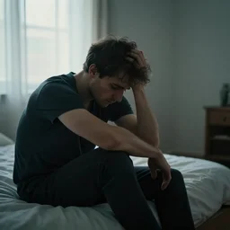 photo of a sad guy sitting on his bed | background light coming through the window, award - winning photograph, moody