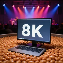 photo still of a computer in a pool of baked beans, 8 k, live concert lighting, mid shot