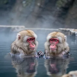 Japanese white macaque in a hot pool, award winning photography, cinematic, steam rising off the water