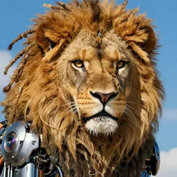 portrait of cyborg lion with dreadlocks by sandra chevrier, by makoto shinkai, cybernetics, glamor shot, closeup, vivid colours, hyper realistic detailed intricate render, hypermaximalist, ornate, epic composition, sharp focus, masterpiece