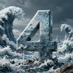sculpture of the number four, tsunami background, dramatic, digital art