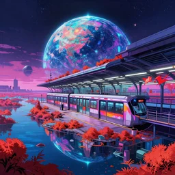 a beautiful detailed anime illustration of abandoned metro station by i. m. pei, poppy retrowave infrared bladerunner 2 0 4 9 gem cyberpunk landscape synthwave crystal lake at dusk lightpaint galactic earth architecture island futuristic cgsociety thermal imaging at fall at night, archdaily, wallpaper, highly detailed, trending on artstation.