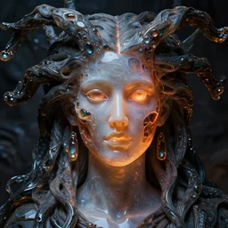 detailed portrait, high priestess, gorgon, regal molten glassworks face sculpted features, large eyes, statuesque, translucent skin, silk hair, tech noir, biomorphic, smooth, jewel, lit from within, chiaroscuro, organic impressionism, deep backdrop, natural colors, octane render
