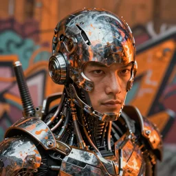 hyperrealistic close-up graffiti exoskeleton! chinese man highly detailed concept art eric zener elson peter cinematic hard orange lighting high angle hd 8k sharp shallow depth of field
