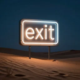 “ neon exit sign floating in a desert ”