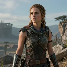 cinematic still from horizon : zero dawn movie ( 2 0 2 2 ) featuring emma watson as aloy, medium shot, cinematic lighting, high quality,