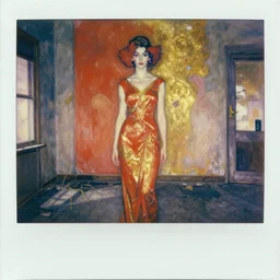 an elegant girl in a liminal abandoned room, red and gold, old polaroid by goya, by schiele, digital painting, jugendstil, strong lights, flat colors, pastel colors,