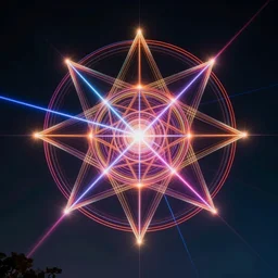 3 dimensional volumetric form of the sacred geometry of evil, made of lasers, projected across the night sky, 8 k, ultra realistic, lens flare, atmosphere, glow, detailed, intricate, full of colour, cinematic lighting, trending on artstation, 4 k, hyperrealistic, focused, extreme details, unreal engine 5, cinematic, masterpiece