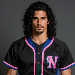 handsome!! hyper realistic man with long black curly hair, tan skin, green eyes!!!, anchor goatee | wearing unbuttoned, open, black! & blue!! & pink!! baseball jersey | art by hirohiko araki & jean giraud & artgerm