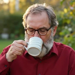 mr robert is drinking fresh tea in a garden from spiral mug, detailed face, wearing glasses, grey beard, golden hour, red elegant shirt