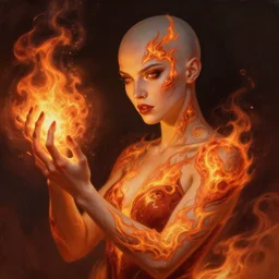 Human :: Sorceress, pretty, beautiful, DnD character art portrait, bald, fire magic, very detailed flame tattoos, matte fantasy painting, DeviantArt Artstation, by Jason Felix by Steve Argyle by Tyler Jacobson by Peter Mohrbacher, cinematic lighting.