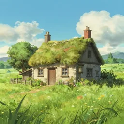 A highly detailed matte painting of cottage in grasslands, sunny day, by Studio Ghibli, Makoto Shinkai, by Artgerm, by beeple, by Greg Rutkowski, volumetric lighting, octane render, 4K resolution, trending on artstation, masterpiece