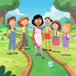 disco minature golfing queen, alex hirsch, rebecca sugar, pendleton ward, dana terrace, noelle stevenson, dan povenmire, swampy marsh, cartoon, vibrant colors, beautiful