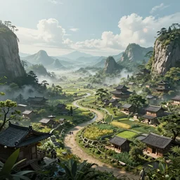 ancient utopian japanese farm in paradise, by leon tukker, zaha hadid, photography, cinematic lighting, octane render, artstation