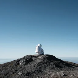 lone astronaut sat on top of a mountain looking at the horizon of a unknown planet, close shot from the back, sunset, cinematic, epic, dark scenario, 8k, award winning,