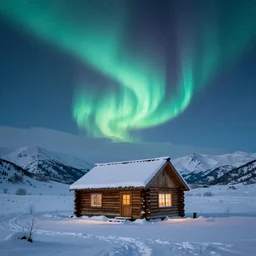 a small log cabin in a snow covered, mountainous landscape below a night sky displaying the northern lights, trending on artstation