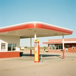 render of a vintage gas station near Marfa, Texas by Jason Chambers, instagram, jasonchambers.com, film photography, Hasselblad, film look, Kodak Portra film look, soft colors, warm tones, medium contrast, photorealistic, ultra realistic, maximum detail, foreground focus, 8k, volumetric light, cinematic, octane render