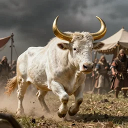a white aurochs with gold horns charging through a medieval festival, fantasy splash art by craig mullins, gaston bussiere, greg rutkowski