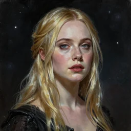 ultra realistic medium shot head and shoulders masterpiece portrait painting of elle fanning in dishonored, cosmic horror, artstation, art by frank frazetta, 4 k, ultra realistic, highly detailed, epic lighting