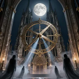 Behind the tall and delicate gothic church at night, there is a huge delicate metal astrolabe in the moonlight, with ghosts floating in the foreground, scifi, interior, concept art, sharp focus, cinematic shot, crepuscular ray, digital art, steve argyle, light through the mist, dramatic lighting, photorealistic, cinematic lighting, high detail, cinematic feel, high octane, 4K, Unreal Engine, digital render, intricate, ultra realistic, by Dali, peter Mohrbacher, Davi Blight, Zdzislaw Beksinski