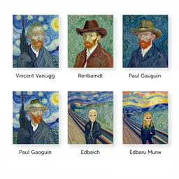 by vincent van gogh, raphael, rembrandt, claude monet, paul gauguin, edvard munch