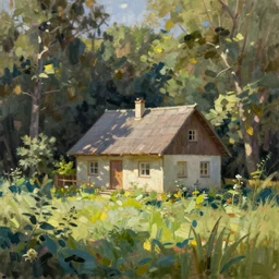 house in the countryside on a sunny day, forest, detailed, peaceful, brush strokes, oil painting