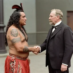 a tattooed maori dignitary shakes hands with a 2 0 th century industrialist, colorized 1 9 0 4 photo, kodak camera, historical event, credit the national archives of the united kingdom