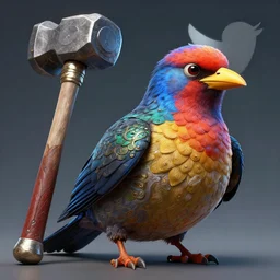 twitter bird holding a ban hammer, illustration, epic, intricate, hyper detailed, artstation, concept art, smooth, sharp focus, ray tracing, vibrant, photorealistic, award - winning, 4 k, hdr, simon bisley