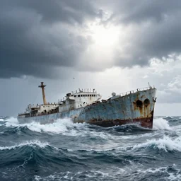high key lighting, lighting storm, danila tkachenko, shipwreck, photograph of an abandonet soviet building bloc in the middle of the ocean, big waves