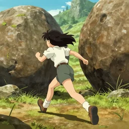 An anime girl running away from a boulder trap from Indians Jones, anime key visual, detailed background