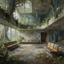 a beautiful hyperdetailed painting of urbex abandoned waiting room architecture by alvar aalto, reclaimed by nature fantasy apocalyptic futuristic nature synthwave matte painting extraterrestial, archdaily, wallpaper, highly detailed, trending on artstation.
