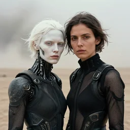 cinestill 5 0 d photographic portrait by helen levitt of a white and mixed female android couple wearing rugged black mesh techwear on a desolate plain of america, extreme closeup, modern cyberpunk, dust storm, 8 k, hd, high resolution, 3 5 mm, f / 3 2, ultra realistic faces, intricate detail, ex machina