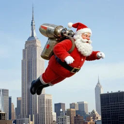 Santa buzzing/flying past the empire state building whilst wearing his jetpack neil welliver robert rauschenberg greg rutkowski barnett newman giorgio de chirico simon stalenhag