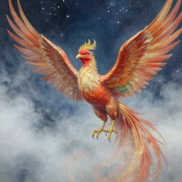 a geof darrow and victo ngai art work. a close up view of a phoenix in the fog and clouds. waves of stars. ultra clear detailed.