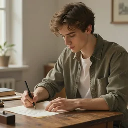 a young handsome guy, writing a poem. intricate, elegant, highly detailed, digital painting, artstation, concept art, sharp focus, illustration, by justin gerard and artgerm, 8 k