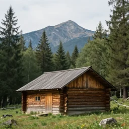 log cabin in the forest, mountain behind log cabin, realistic