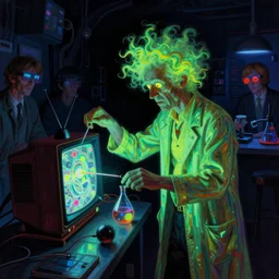 a glowing blacklight mad scientist with crazy hair experimenting with technicolor tvs and television in a glowing laboratory, highly detailed science fiction painting by norman rockwell, tim jacobus, simon bisley, and sanjulian. detailed texture, rich colors, high contrast, gloomy atmosphere, dark background. trending on artstation