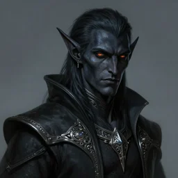 portrait of a handsome male dark elf, obsidian skin, fantasy, intricate, elegant, highly detailed, digital painting, artstation, concept art, sharp focus, illustration